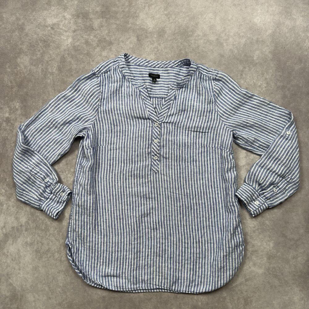 Talbots 100% Linen Blouse Womens M Top Blue White Stripe Band Collar Roll Tab